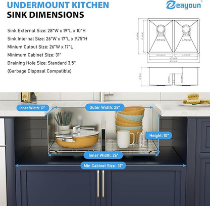 28 Inch Undermount Double Bowl Kitchen Sink 16 Gague 304 Stainless Steel Double Handmade Sinks 50/50 Large Deep Double Bowl Sinks 28"x19"x10"