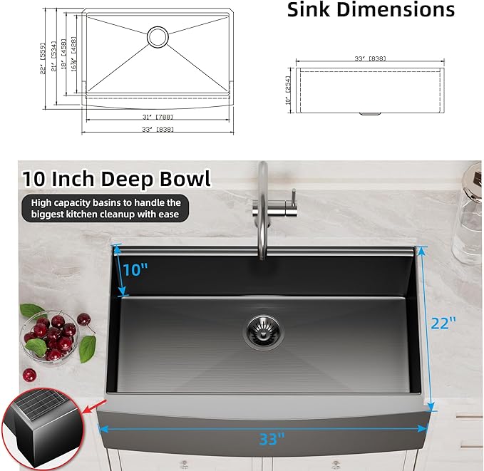 Farmhouse Sink, 33 x 22 Inch Undermount Black Stainless Steel Apron Front Single Bowl 10 Inch Deep Workstation Sink with Cutting Board