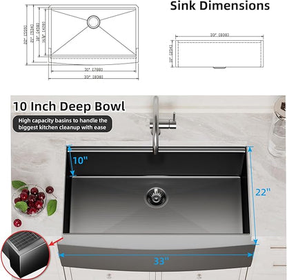 Farmhouse Sink, 33 x 22 Inch Undermount Black Stainless Steel Apron Front Single Bowl 10 Inch Deep Workstation Sink with Cutting Board