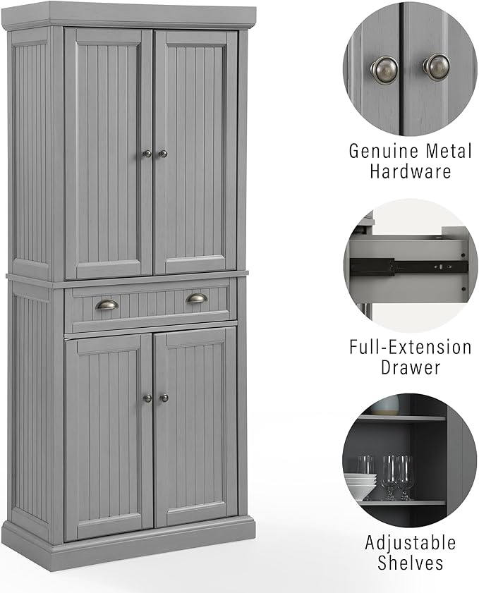 Crosley Furniture Seaside Coastal Pantry Storage Cabinet with Shelves, Kitchen, Dining, or Laundry Room, Distressed Gray