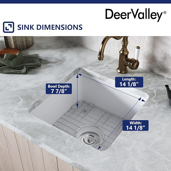 DeerValley Undermount Kitchen Sink 18" L x 18" W Fireclay Single Bowl Kitchen Sink Square Bar Sink with Sink Grid and Basket Strainer