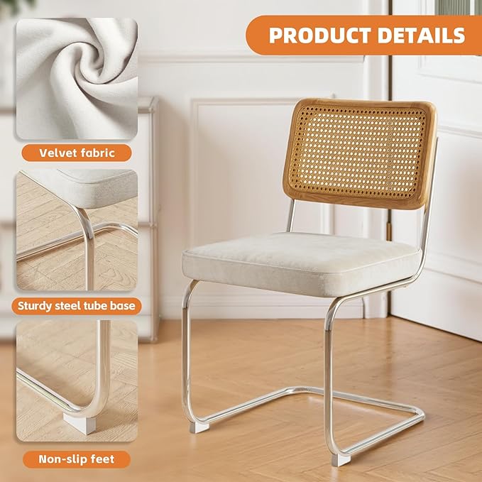Rattan Back Velvet Dining Chair Set of 6 Modern Stainless Chrome Base Armless Upholstered Side Chair for Dining Room,Kitchen Island,Beige