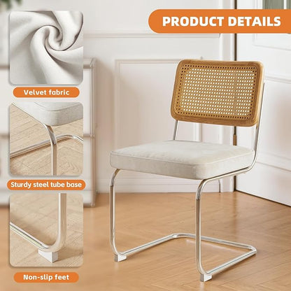 Rattan Back Velvet Dining Chair Set of 2 Modern Stainless Chrome Base Armless Upholstered Side Chair for Dining Room, Kitchen Island, Beige