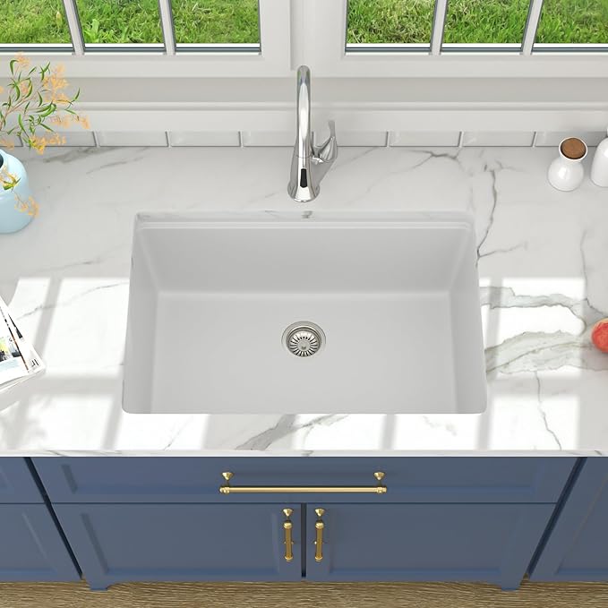 Lordear 28 White Undermount Kitchen Sink Composite Granite Sink 28x19 Inch Quartz Sinks Workstation Under Counter Kitchen Sinks