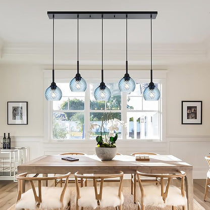 5 Light Island Lighting Fixtures Hanging with Blue Striped Swirl Globe Glass, Black Linear Hanging Pendant Light Fixture Farmhouse Chandelier for Dining Room Bar Living Room