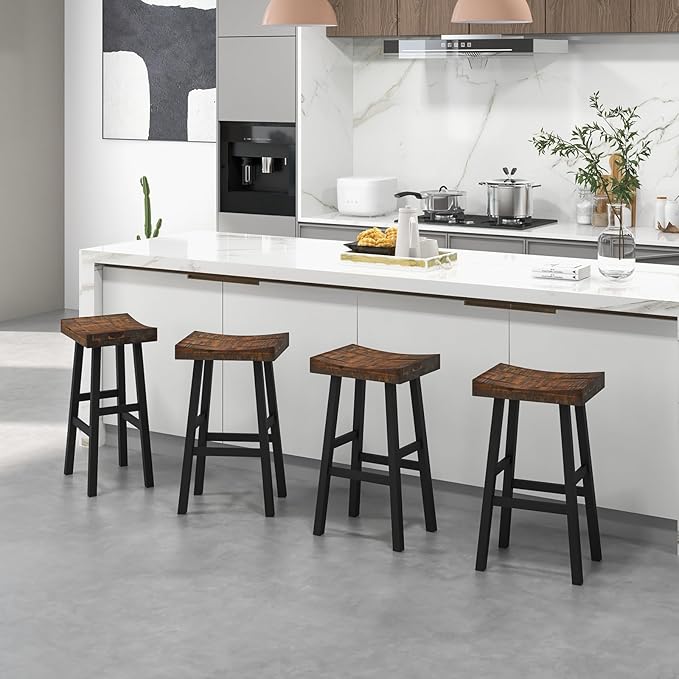 ERGOMASTER Wooden Backless Saddle Barstools Set of 4, 29-inch Bar Height Rustic Bar Stools with Rubber Wood Frame & Footrest for Kitchen Island, Dining Room, Pub