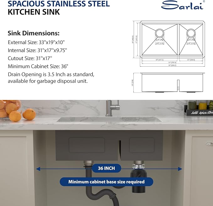 Sarlai 33 Kitchen Sink Double Bowl - 33x19 Inch Undermount Sink16 Gauge Stainless Steel Ledge Workstation Low Divide Double Bowl 60/40 Under Counter Kitchen SinK Basin