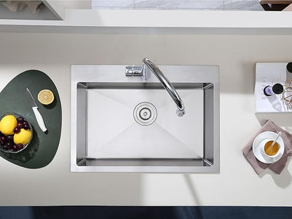 30 x 18 Inch Drop in Kitchen Sink, 18 Gauge 304 Stainless Steel Handmade Single Faucet Hole Single Bowl Topmount Kitchen Sink, Brushed
