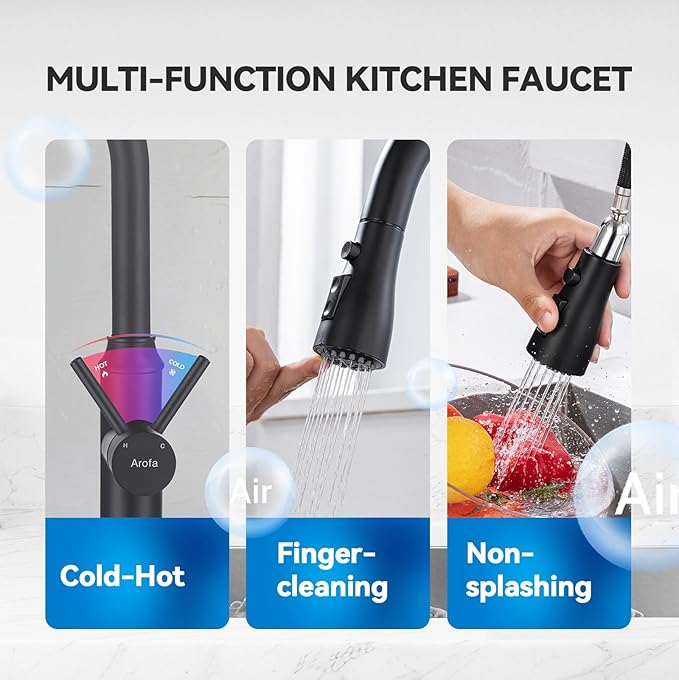 Matte Black Kitchen Faucet with Pull Down Spayer Arofa Single Handle Pull Out Kitchen Sink Faucet with Sprayer, Solid Brass Commercial Faucet for Kitchen Sink, RV, Outdoor, Laundry & Bathroom Sink