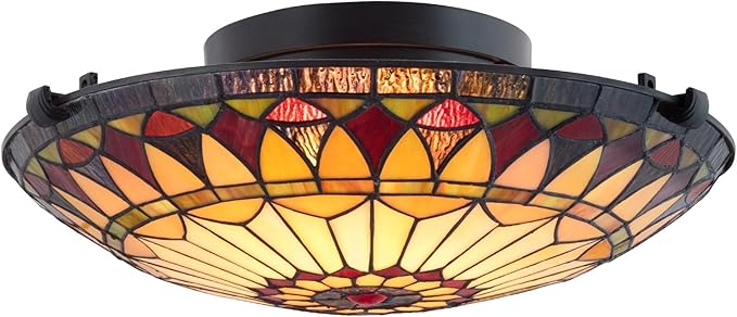 Kira Home Mateo 16" Tiffany Style Flush Mount Ceiling Light, 2-Light Hand-Crafted Art Glass Sunflower Pattern, Black Finish