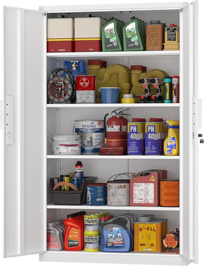 GREATMEET Metal Garage Storage Cabinets, 72" Tall Locking Cabinets with Doors and Shelves, Utility Cabinet with Lock for Garage, Home, White