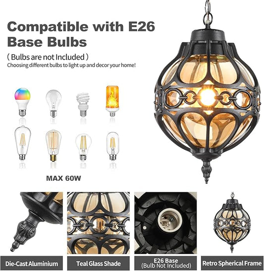 Globe Outdoor Pendant Lights for Porch Patio Garage, Matte Black Aluminum Anti-Rust Hanging Light Fixture, Industrial Round Amber Glass Exterior Chandelier, Outside Pendant Lamp Lantern