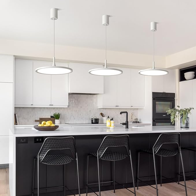 JAYMP Dining Room Modern Pendant Lighting Dimmable LED Disk Light Adjustable Height Kitchen Island Hanging Light Fixture (White, Dia 19.7 inch)