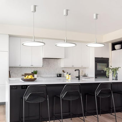 JAYMP Dining Room Modern Pendant Lighting Dimmable LED Disk Light Adjustable Height Kitchen Island Hanging Light Fixture (White, Dia 19.7 inch)