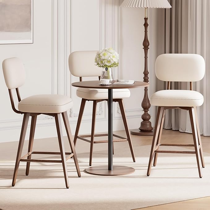 MALOL 26“ Swivel Bar Stools Set of 6, Mid Century PU Leather Counter Height Bar Chairs with Low Back and Metal Legs, Modern Bar Stool Chair for Kitchen Island, Beige
