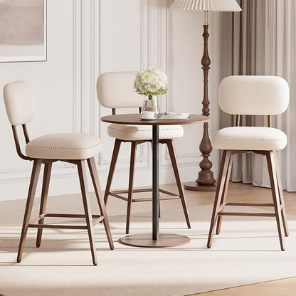 MALOL 26“ PU Leather Swivel Bar Stools Set of 3, Mid Century Counter Height Bar Chairs with Low Back and Metal Legs, Modern Bar Stool Chair for Kitchen Island, Beige