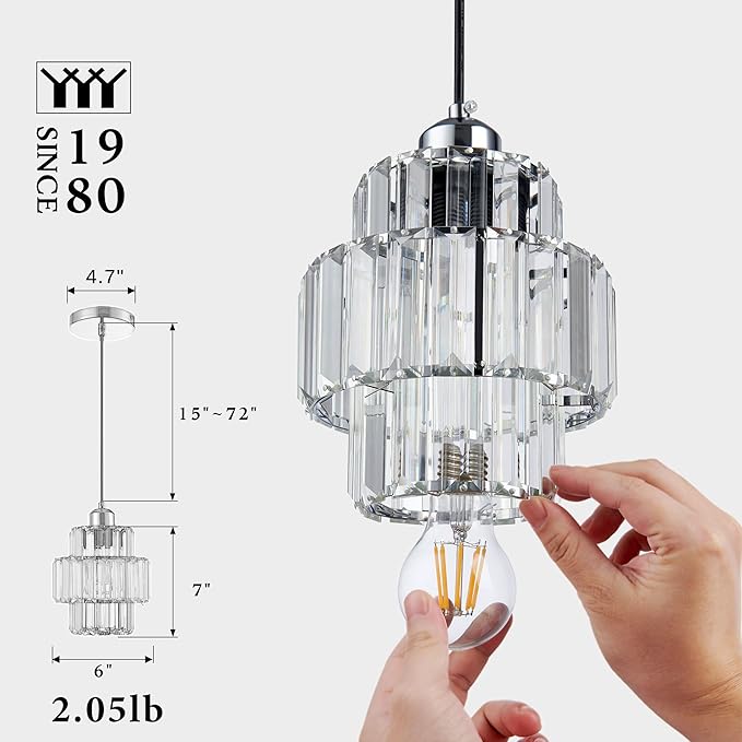 Modern Crystal Chandelier, 6"x7" Classic Crafted Pendant Light, Glass & Metal Hanging Light for Innovative Small Space Use in Dining Room, Kitchen Island, Bedroom, Living Room - Obsidian