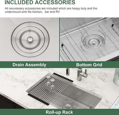 30 Inch Undermount Kitchen Sink - Couoko 30x18 Undermount Single Bowl Kitchen Sink 16 Gauge Stainless Steel Deep Handmade Round Corner Under Counter Kitchen Sink with Accessories