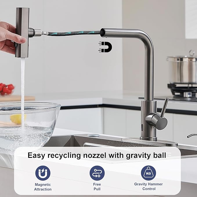 AVSIILE Touchless Kitchen Faucets with Pull Down Sprayer & Soap Dispenser, Waterfall Single Hole & Handle, Pull Out Sink Faucet in Gray, Suitable for Farmhouse Camper Laundry Rv Bar