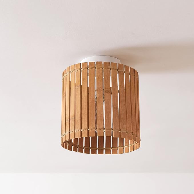 GLOBE Electric 65898 1-Light Flush Mount Ceiling Light, Matte White, Natural Bamboo Shade