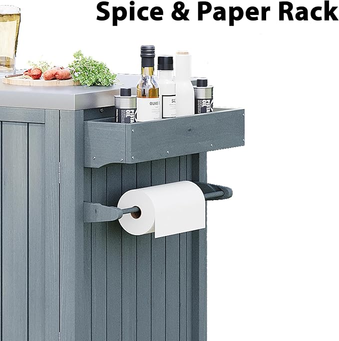 YOPTO Versatile 66.5" Outdoor Grill Cart for Big Green Egg,100% Fir Wood,Stainless Steel Top,Ample Storage,Weatherproof,6 Lockable Wheels,Grey Blue