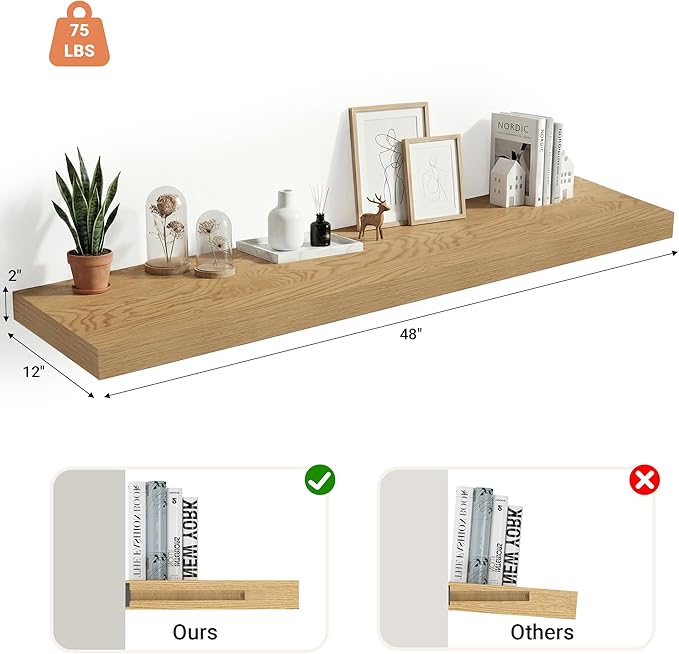 Heimlove 12 Inch Deep Floating Shelves, 48 x 12 inches Long Wall Shelf, Large Display Shelf & Storage Shelf, Rustic Wood Wall Shelves for Fireplace Mantel, Set of 1(Oak)
