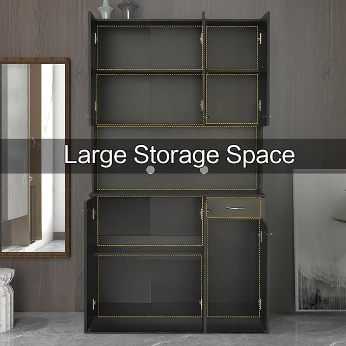 DMAITH 71" Black Kitchen Pantry Cabinets with Microwave Stand, 6 Doors & 3 Adjustable Shelves, Freestanding China Cabinet Hutch, Buffet Cabinet with Storage