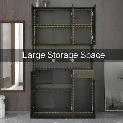 DMAITH 71" Black Kitchen Pantry Cabinets with Microwave Stand, 6 Doors & 3 Adjustable Shelves, Freestanding China Cabinet Hutch, Buffet Cabinet with Storage