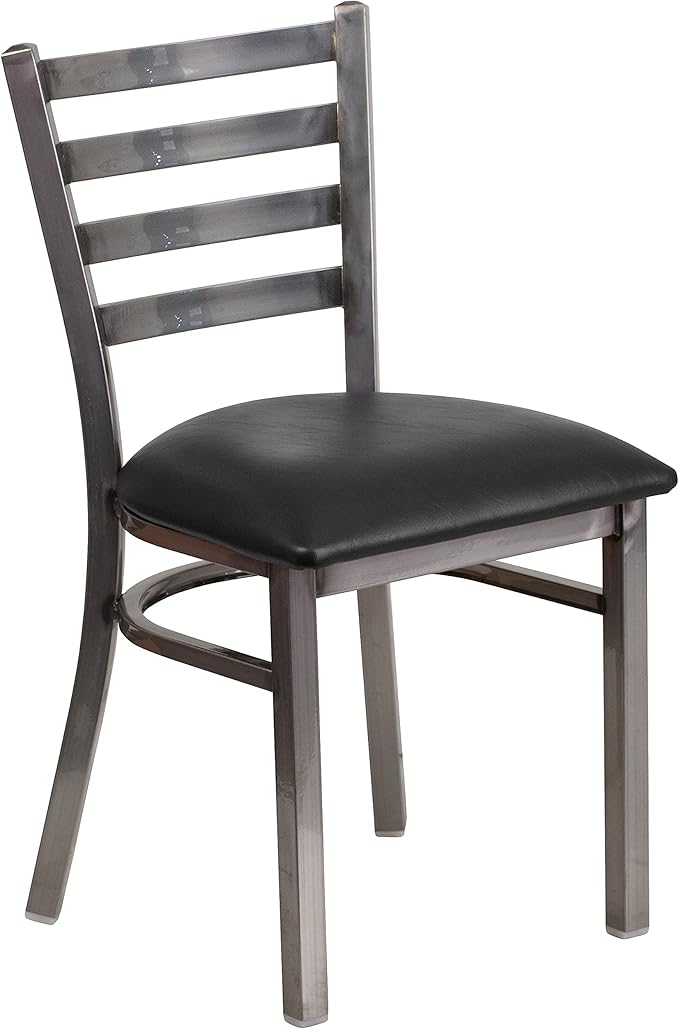 Flash Furniture HERCULES Series Clear Coated Ladder Back Metal Restaurant Chair - Black Vinyl Seat