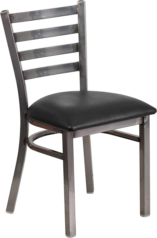Flash Furniture HERCULES Series Clear Coated Ladder Back Metal Restaurant Chair - Black Vinyl Seat