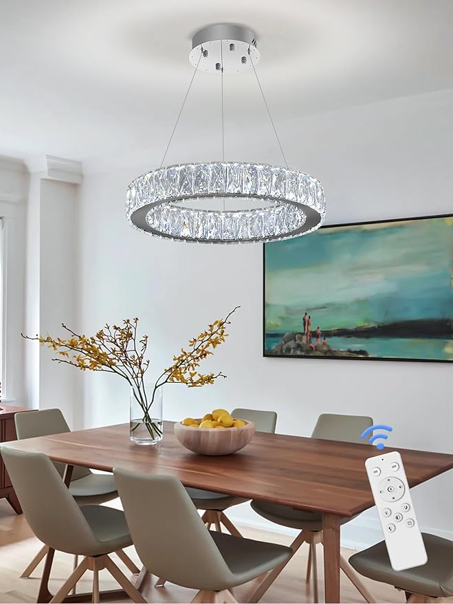Modern LED 23.6" Ring Chandelier for Dining Room Living Room Dimmable Crystal Pendant Light Adjustable Round Chrome Crystal Chandelier