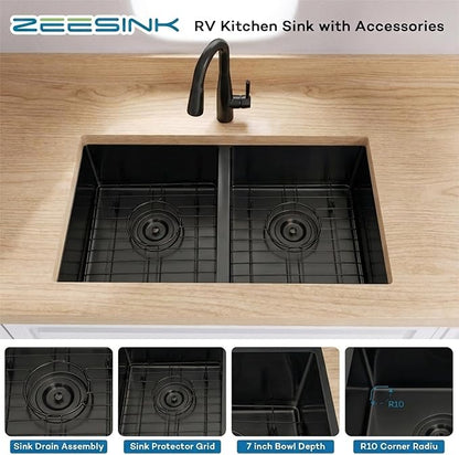 Black RV Kitchen Sink 27 X 16 inch,50/50 Double Bowl Undermount Kitchen Sink,16 Gauge Stainless Steel Kitchen Sinks for RV