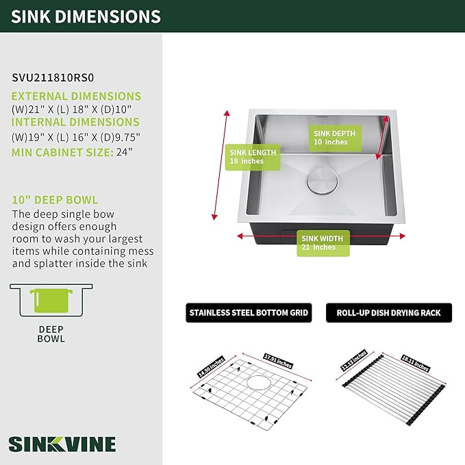 21-Inch Undermount Kitchen Bar Sink, SINKVINE Stainless Steel Wet Bar Sink Single Bowl for Outdoor, RV, Laundry, with Drain Strainer, Bottom Grid Protector, Roll-up Drying Unit, 21" x 18" x 10"