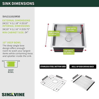 21-Inch Undermount Kitchen Bar Sink, SINKVINE Stainless Steel Wet Bar Sink Single Bowl for Outdoor, RV, Laundry, with Drain Strainer, Bottom Grid Protector, Roll-up Drying Unit, 21" x 18" x 10"