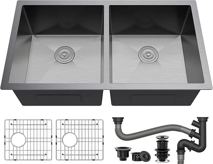 YITAHOME Black Kitchen Sink 33in Undermount 50/50 Double Bowl 16 Gauge Stainless Steel Nano Gunmetal Black Bar Sink with Accessories for Workstation, Prep Kitchen, 33 x 19 x 10in