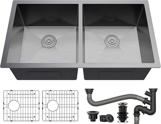 YITAHOME Black Kitchen Sink 33in Undermount 50/50 Double Bowl 16 Gauge Stainless Steel Nano Gunmetal Black Bar Sink with Accessories for Workstation, Prep Kitchen, 33 x 19 x 10in