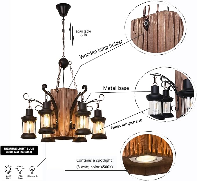 6-Light Wood Hanging Lamp, Industrial Farmhouse Island Chandelier with Black Metal Lampshade & Adjustable Cord, Retro Loft Chandelier Dinning Table Pendant Lamp Fixtures for Bar Home Hotel Hallway