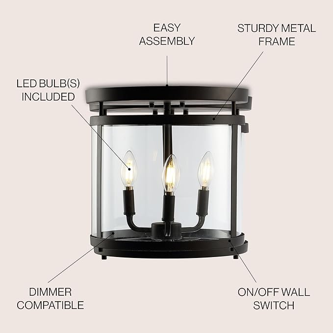 JONATHAN Y 12.5" Oil Rubbed Bronze 3-Light Iron and Glass Flush Mount, Modern Farmhouse Rustic Vintage Lantern for Kitchen Bedroom Entryway, UL Listed, LED Bulbs Included JYL7503A