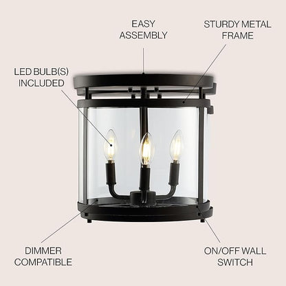 JONATHAN Y 12.5" Oil Rubbed Bronze 3-Light Iron and Glass Flush Mount, Modern Farmhouse Rustic Vintage Lantern for Kitchen Bedroom Entryway, UL Listed, LED Bulbs Included JYL7503A