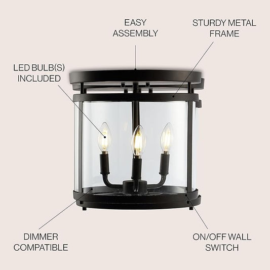 JONATHAN Y 12.5" Oil Rubbed Bronze 3-Light Iron and Glass Flush Mount, Modern Farmhouse Rustic Vintage Lantern for Kitchen Bedroom Entryway, UL Listed, LED Bulbs Included JYL7503A