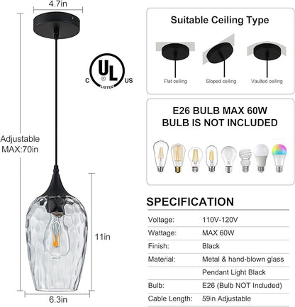 Glass Pendant Lights Kitchen Island 2 Pack, Black Pendant Light Fixtures with Hand-Blown Clear Glass Modem Farmhouse Hanging Light for Kitchen Sink Dining Room Bedroom