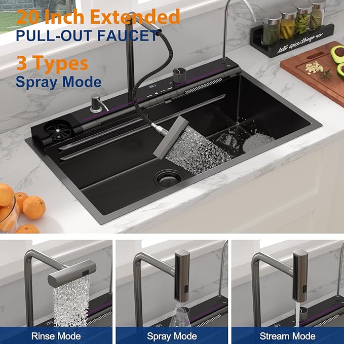Sarlai Waterfall Kitchen Sink - 33 Inch Drop In Workstation Sink With Waterfall Black Stainless Steel 16 Gauge Multifunction Single Bowl Smart Top Mount Kitchen Sinks with Mechanical Keys 33x19 Inch