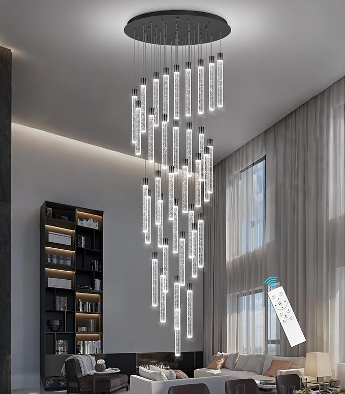 35-Light Long Large Modern Led Crystal Chandeliers Modern Spiral Chandeliers High Ceilings Chandelier for Staircase Foyer Black