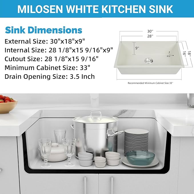 MILOSEN White Undermount Kitchen Sink, 30"x18" Granite Composite Single Bowl Kitchen Sinks, 9" Deep Large Undermount/Drop In Sink with Accessories, White Quartz Kitchen Sinks for Modern Kitchen