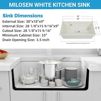 MILOSEN White Undermount Kitchen Sink, 30"x18" Granite Composite Single Bowl Kitchen Sinks, 9" Deep Large Undermount/Drop In Sink with Accessories, White Quartz Kitchen Sinks for Modern Kitchen