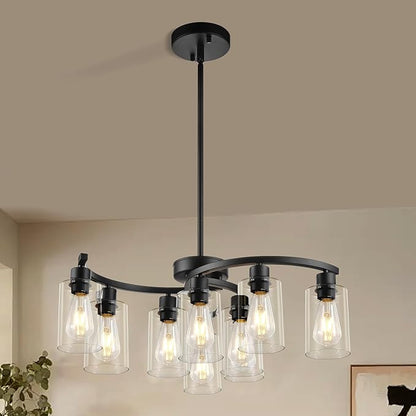 Sigaitwei 9-Light Modern Farmhouse Chandelier，29.5" Black Dining Room Light Fixture，Industrial Pendant Lights Kitchen Island,Metal Bracket with Downward Clear Glass Shade