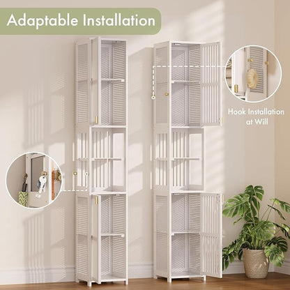 Amazer 70'' Tall Bathroom Storage Cabinet Bamboo, Slim Storage Cabinet with Rattan Door and Adjustable Shelves, Narrow Freestanding Organizer for Living Room Kitchen, White