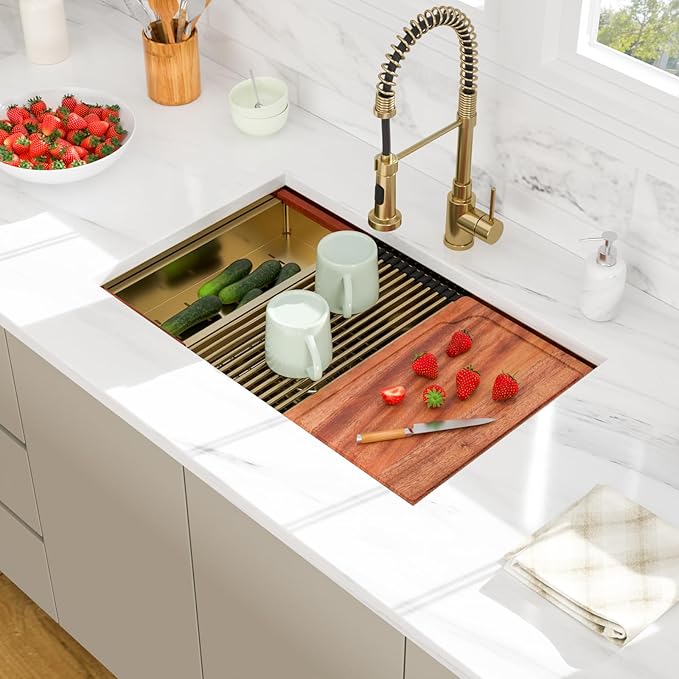 30 Gold Undermount Kitchen Sink - Beslend 30x19 Gold Double Bowl Kitchen Sinks Workstation 16 Gauge Stainless Steel Golden Sink Low Divide Double Basin 60/40