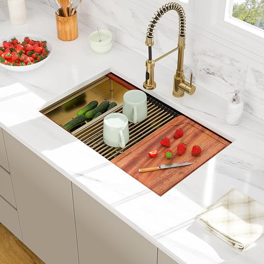 30 Gold Undermount Kitchen Sink - Beslend 30x19 Gold Double Bowl Kitchen Sinks Workstation 16 Gauge Stainless Steel Golden Sink Low Divide Double Basin 60/40