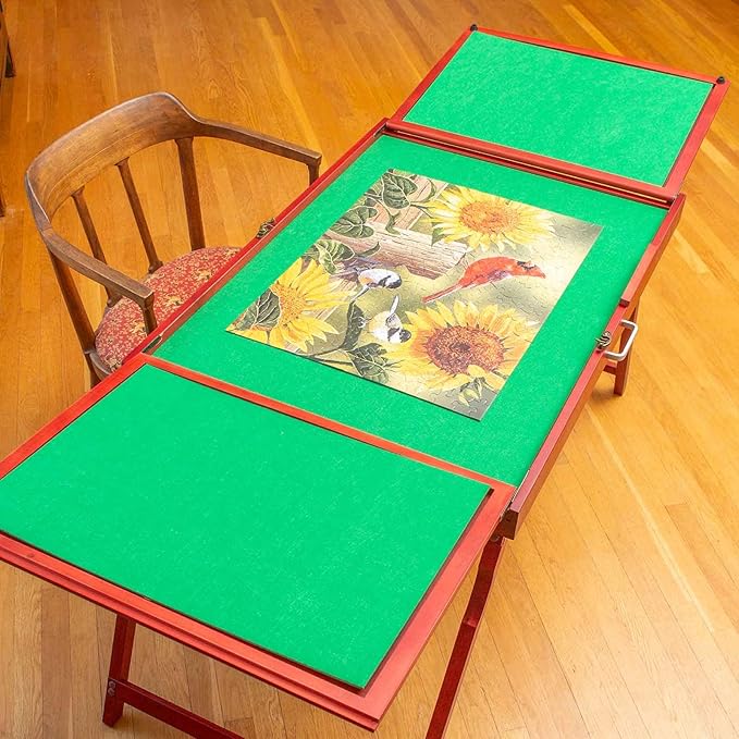 Bits and Pieces Fold-and-go Wooden Jigsaw Puzzle Table with Legs Folding Puzzle Board 1500 Pieces, Non-Slip Top, Carry Handle, 2 Felt Sorting Areas 66" x 25" Work Surface
